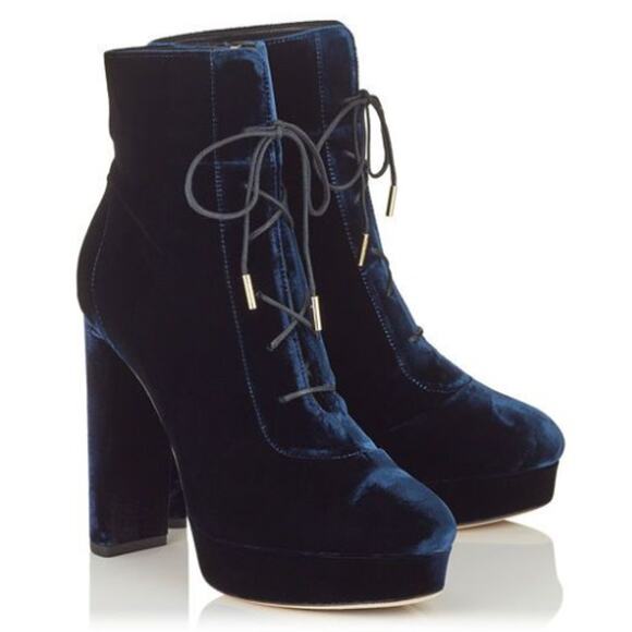 Jimmy Choo Deon Heeled Platform Ankle Boots Booties Heels Velvet Lace-Up sz 36 - Picture 1 of 15